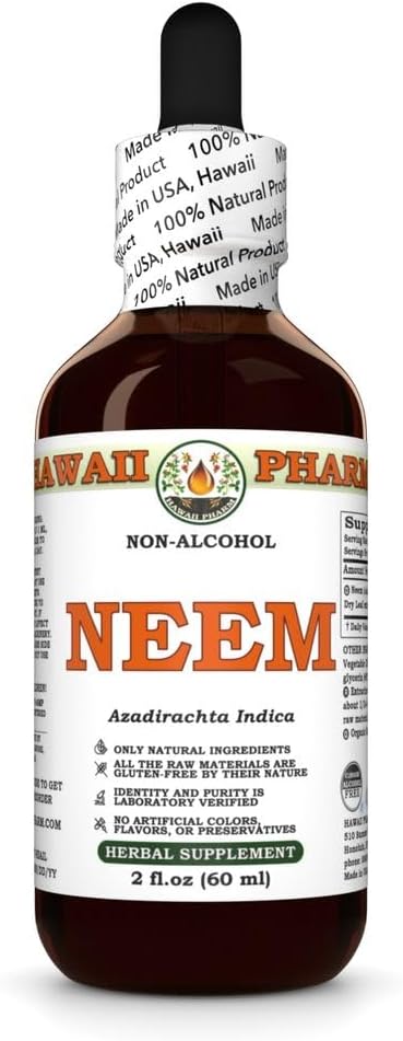 Neem Alkoholivaba vedelik ekstrakt, orgaaniline neem (Azadirachta Indica) Kuivatatud lehe Glücerite looduslik taimsete toidulisand, Hawaii Pharm, USA 2 fl.oz