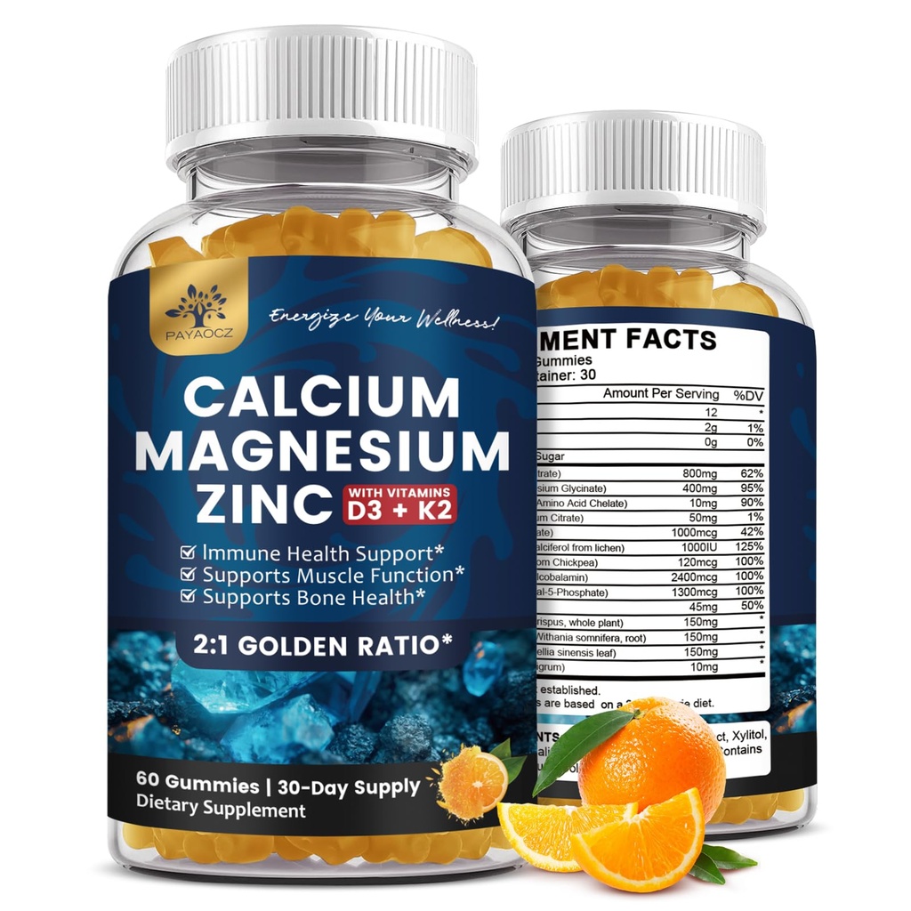 (2 Pack) Kaltsiummagneesiumtsinkkummid vitamiiniga D3, K2, B12 & B6 täiskasvanutele, suhkruvaba magneesiumglütsinaat kaaliummere samblalisandiga, kaltsiumtsitraat luu meeleolu ja une toetamiseks