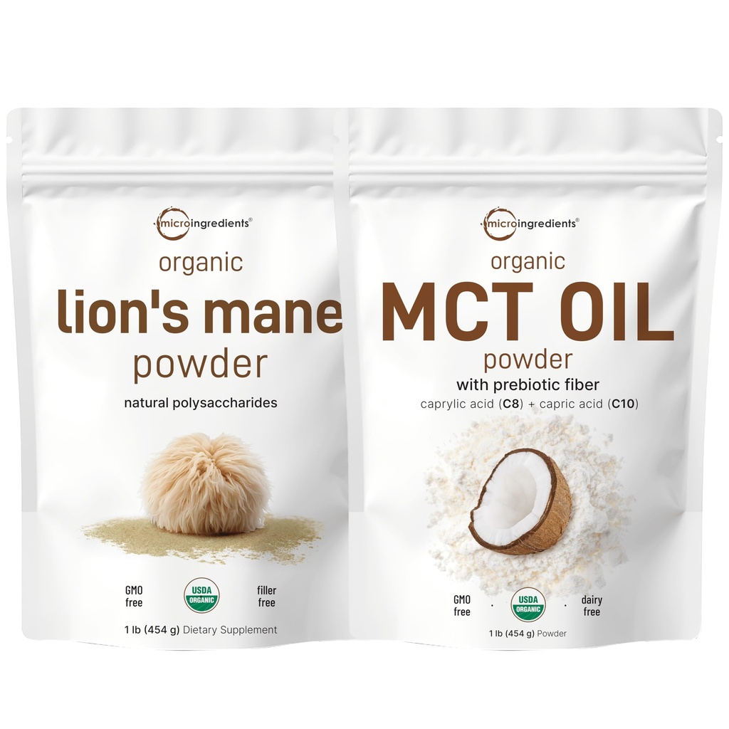 Mikrokoostisosad MCT õlipulber prebiootilise kiudainega & Lions Mane Seenelisandiga Pulber Bundle 2 Pack | C8 MCT õli kohvikreameerile | Looduslik supertoit ajule, energiale ja immuunsusele