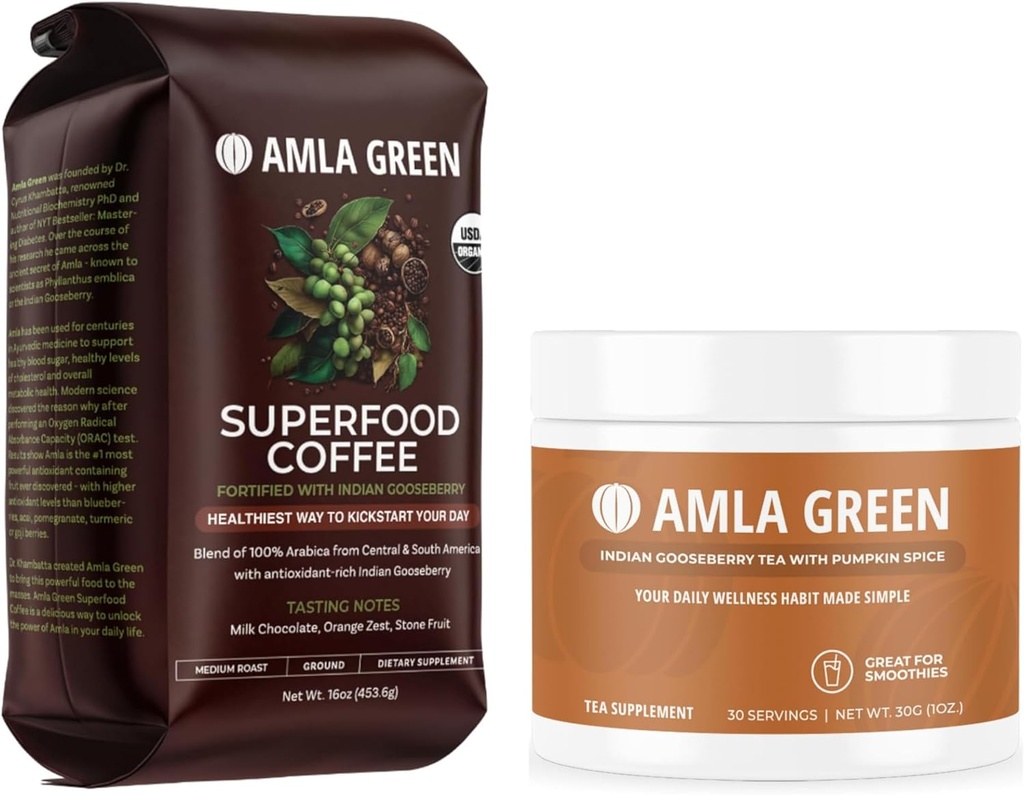 Amla Green Organic Ground Superfood Coffe and Amla Powder Superfood Supplement with Pumpkin Spice, 20x Ultra Concentrated Amla