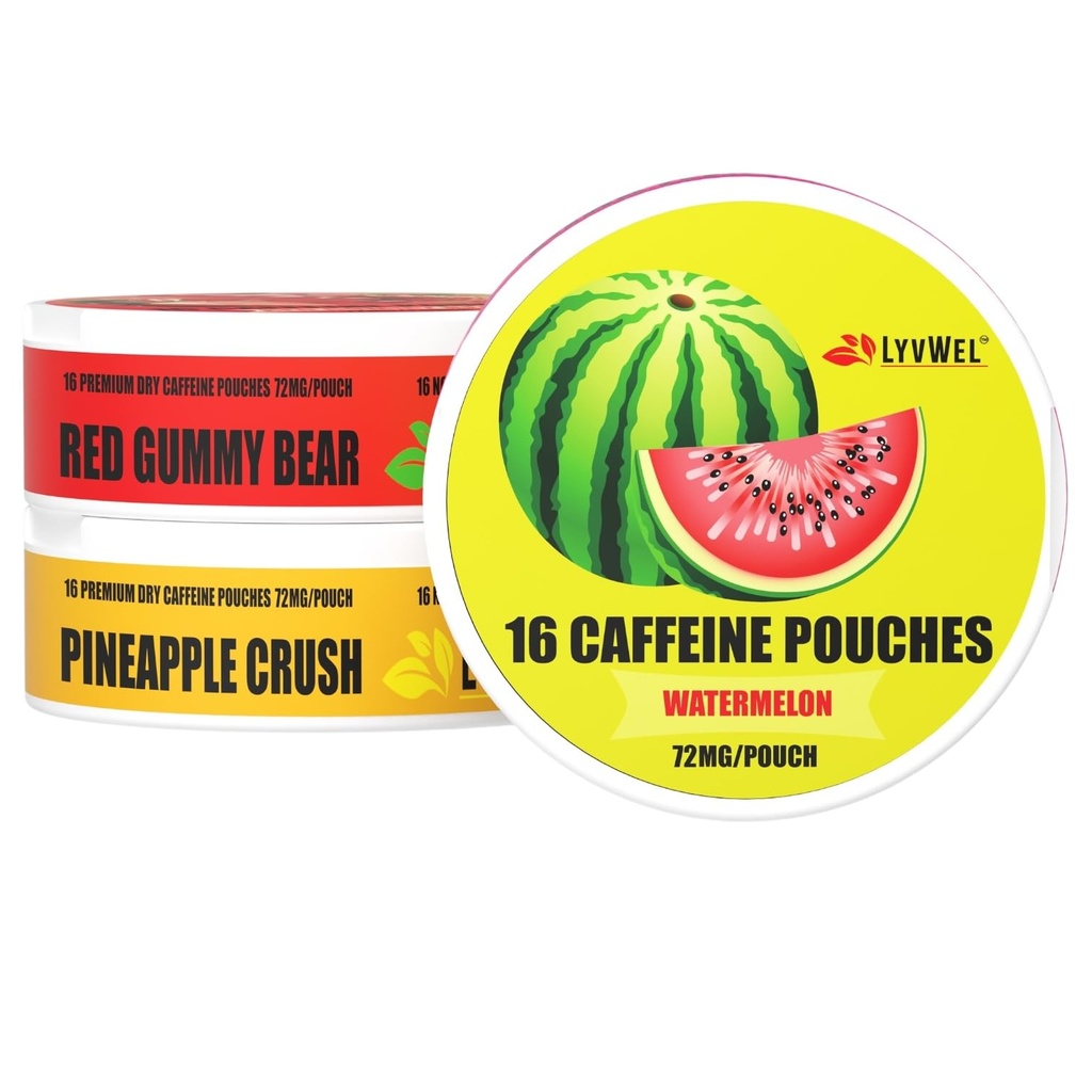LyvWel 72mg Kofeiini energiakotid - arbuus, punane kummikaru, ananassipuru - mahlane puhas energia Guarana - 3-pakk (48 kogu kotti)