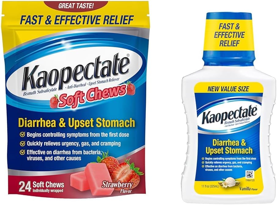 Kaopectate Anti-Diarrheal Soft Chews 24 Count and Upset Magu Relief Vedelik 11 Fl Oz