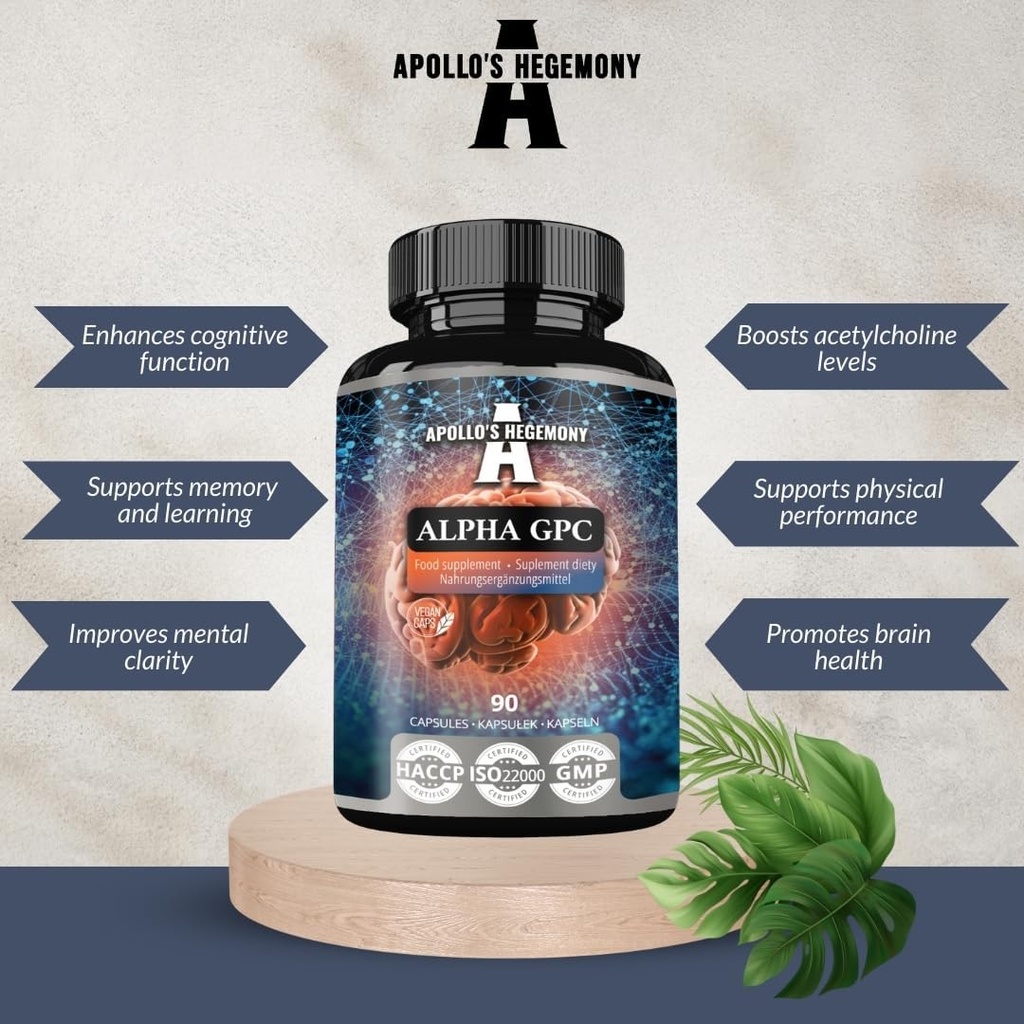 APOLLO HEGEMONY Alpha-GPC 600mg päevases annuses - 90 Vegan koliinkapslit - 99% koliinalfostsenaadi toidulisandit - lipiidkoliini - mälu ja kontsentratsioon kapslid