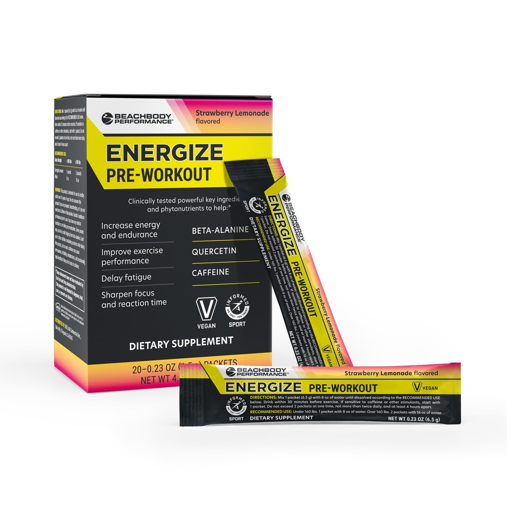 BODi Energize Pre Workout Powder - Beeta-Alanine, Quercetin & Low-Dose Kofeiini valem täiustatud energia ja fookuse suurendamiseks, energia ja vastupidavuse suurendamiseks, maasika limonaadi maitsestatud, 20 Sticks