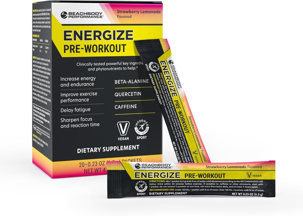 BODi Energize Pre Workout Powder - Beeta-Alanine, Quercetin & Low-Dose Kofeiini valem täiustatud energia ja fookuse suurendamiseks, energia ja vastupidavuse suurendamiseks, maasika limonaadi maitsestatud, 20 Sticks