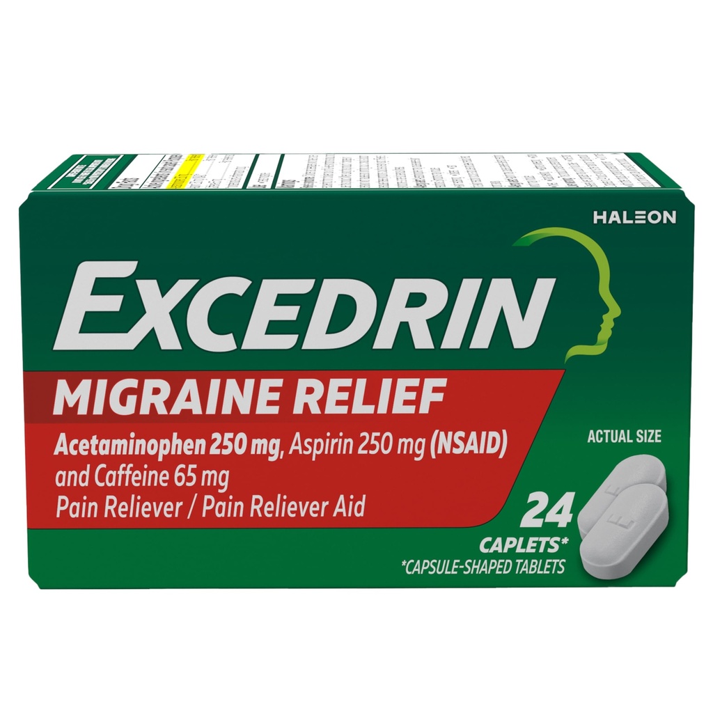 Excedrin Migreeni leevendavad kapslid migreeni sümptomite jaoks, atsetaminofeen 250mg, aspiriin 250mg, kofeiin 65mg, valu leevendaja, 24 krahv