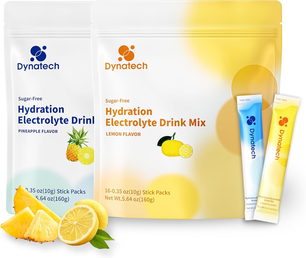 Dynatech Zero Sugar Elektrolüütide Joogi Segu - Sidrun, Pineapple - Hüdratsiooni Pulber Pakendid 10 Elektrolüütide Ja Vitamiinidega | Mitte-GMO, Gluteenivaba, Vegan Elektrolüütide Pulber Paketid | 32 Servingut