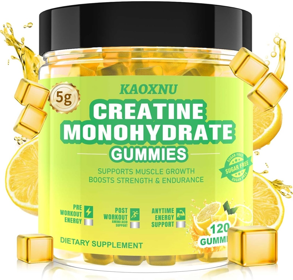 Kreatiinmonohüdraat Kummid 5600mg meestele ja naistele, 120 CT närimiskummid lihaste toetamiseks, energia suurendamiseks, 5,6 g kreatiini monohüdraati serveerimiseks - suhkruvaba, vegan (sidrunimaitse)