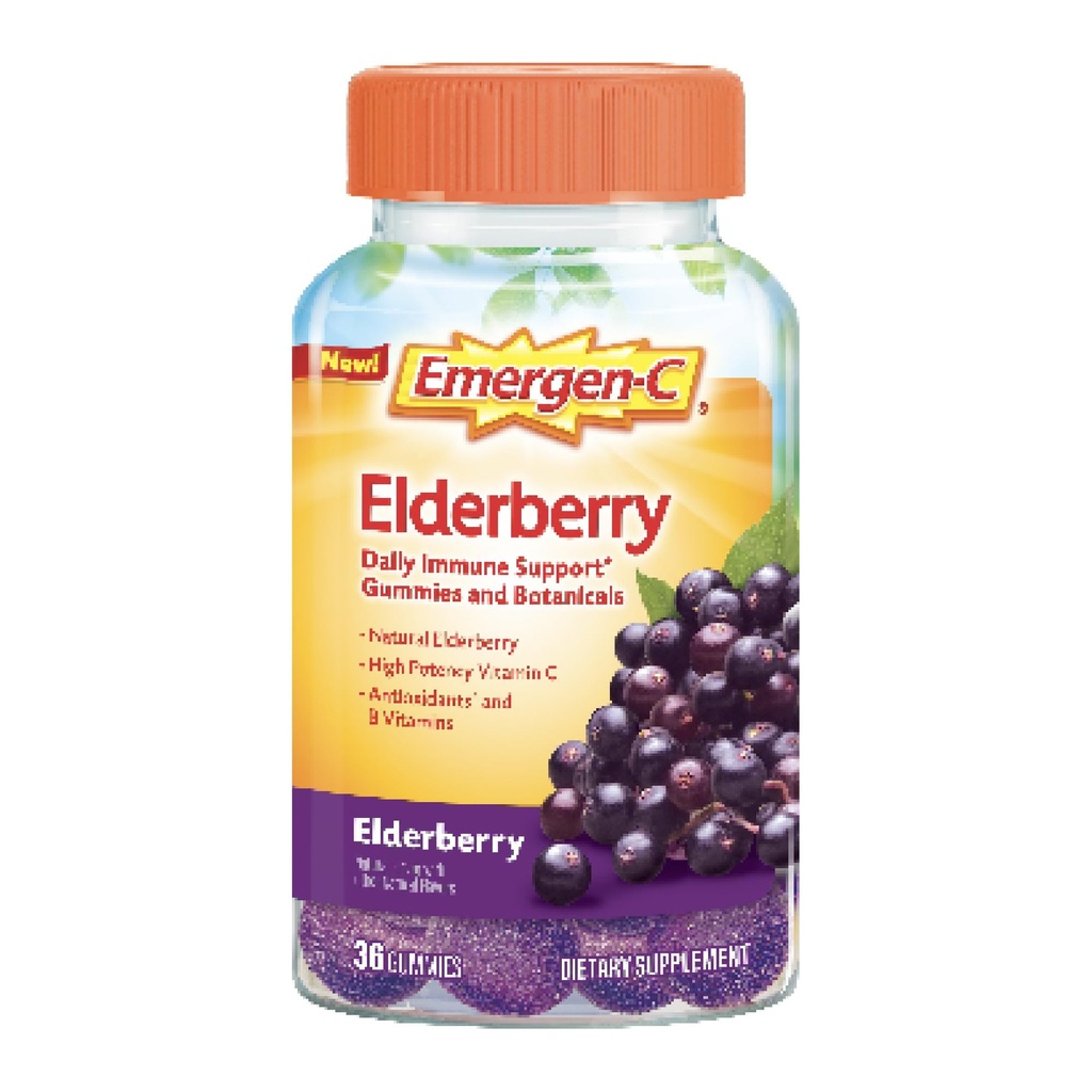 Emergen-C Elderberry Gummies, Elderberry Immune Support Natural Maitsed kõrge tugevusega C-vitamiin, Tagasi kooli Essentials - 36 Count