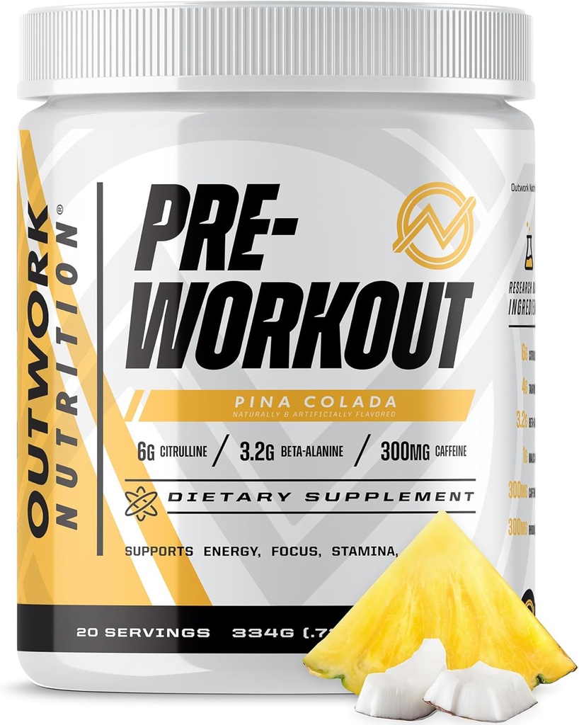 Outwork Nutrition Preworkout for Men & Women - Nootropic Pre Workout Without Kreatiin, Pre-Workout Pulber Taurine Rhodiola Citrulline Malate Beeta Alanine Kofeiin (Pina Colada)