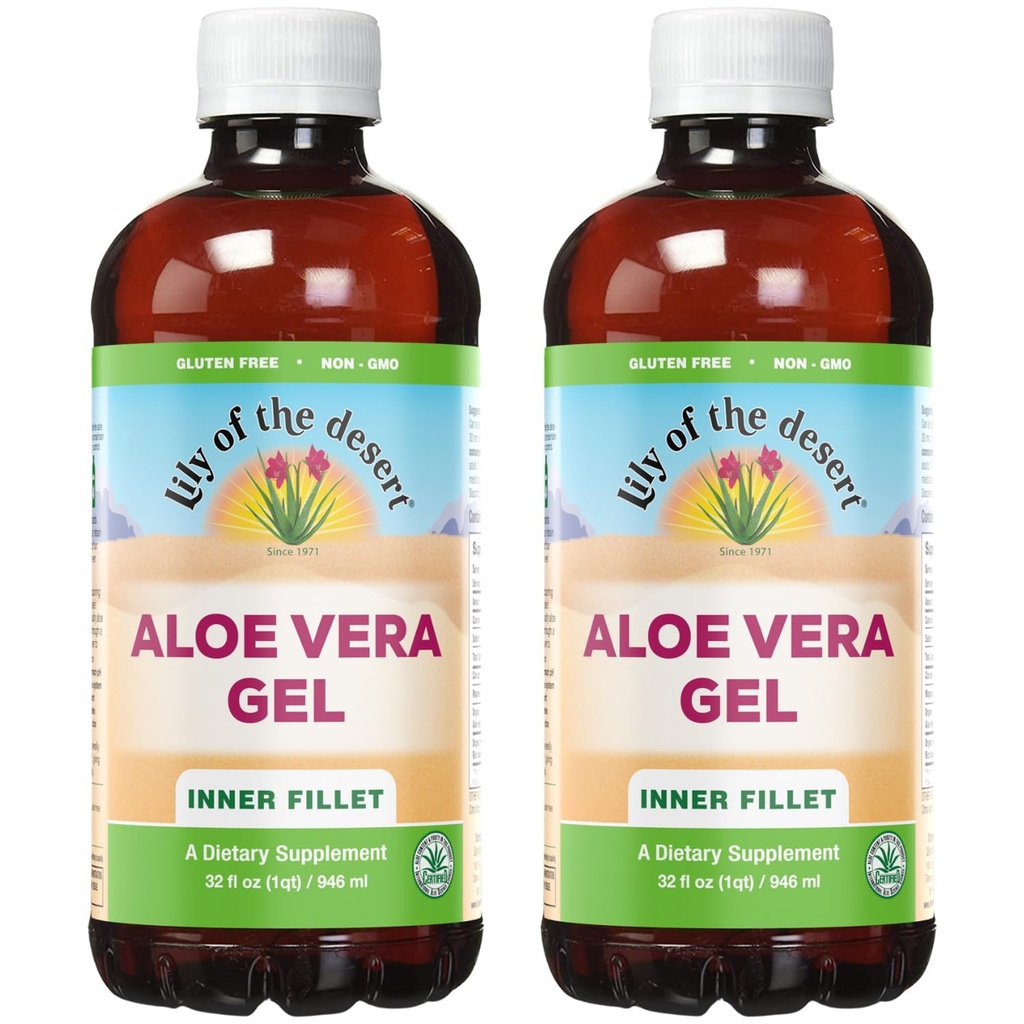 Lily Of The Desert Aloe Vera Gel - Inner Fillet Thicker Consistency Aloe Vera Jook looduslike vitamiinidega, seedetrakti ensüümid soolestiku terviseks, kõhu leevendamine, heaolu, hõõguv nahk, 32 Oz (pakk 2)