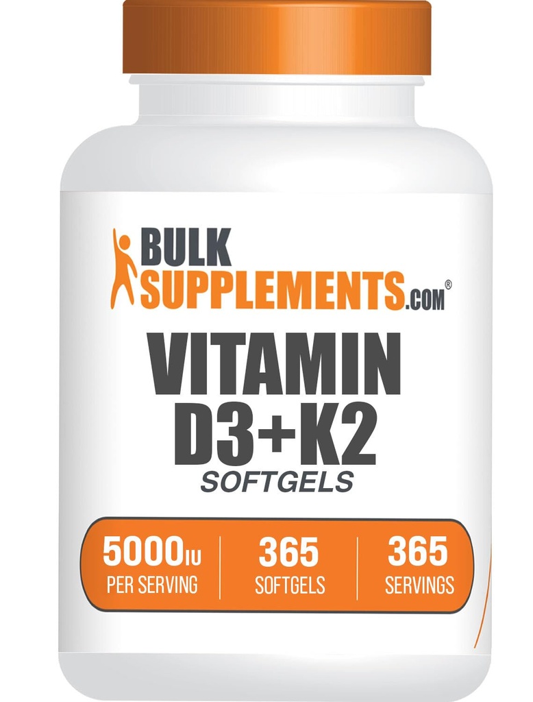 BulkSupplements.com Vitamiin D3 + K2 5000 IU Softgels - D3 K2 täiendus, immuunsüsteemi tervisele - gluteenivaba, 1 Softgel per Serving, 365 loend (pakk 1)
