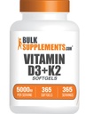 BulkSupplements.com Vitamiin D3 + K2 5000 IU Softgels - D3 K2 täiendus, immuunsüsteemi tervisele - gluteenivaba, 1 Softgel per Serving, 365 loend (pakk 1)