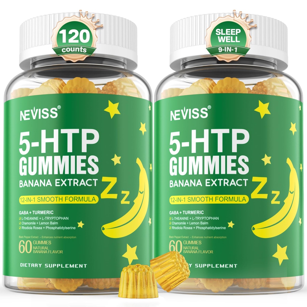 5-HTP Gummies + GABA - melatoniinivaba - Lõõgastuskummid banaaniekstraktiga, L-Theanine, L-trüptofaan, D3-vitamiin tervislikuks puhketsükliks ja tsirkadiaanrütm, ajufunktsioon ja lihaste lõdvestumine, pakend 2