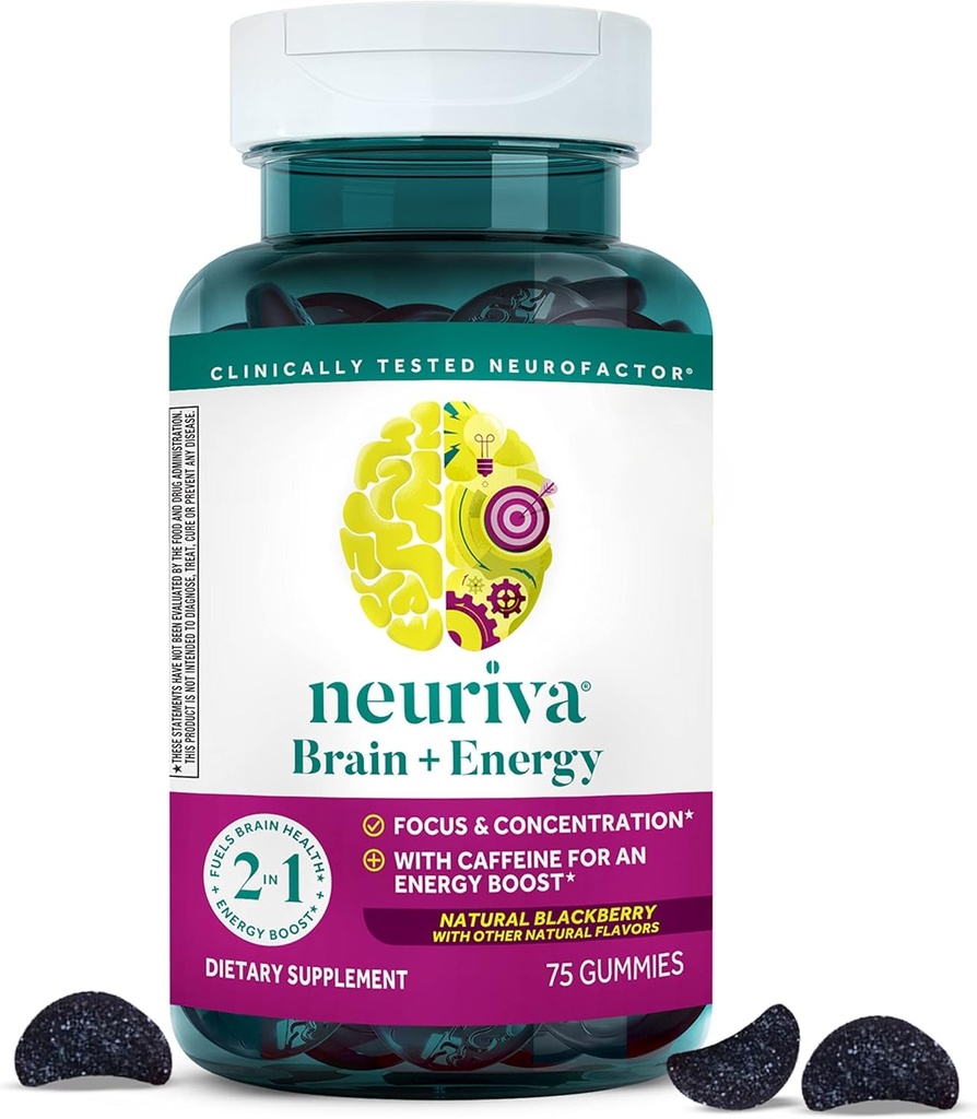 NEURIVA Aju + energiakummid, nootroopsed ajulisandid keskendumiseks ja kontsentratsiooniks neurofaktoriga, vitamiin B12 ja kofeiin energia suurendamiseks *, 75ct looduslik BlackBerry