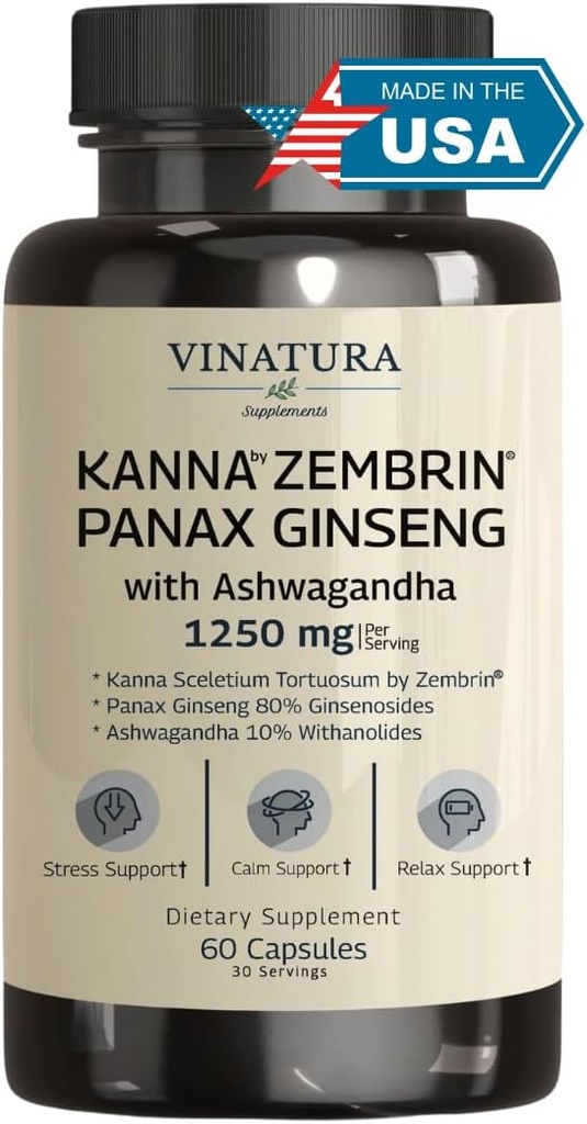 VINATURA Kanna Zembrin Sceletium Tortuosum - 50 mg Kanna / Serving, koos Ashwagandha, ženšenni * Aju tervis, stressiabi * Panax ženšenn 80% žensenosiide Ashwagandha kapsleid 10% koosanoliididega
