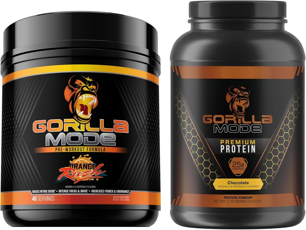 Gorilla Mind Pre Treening (Orange Rush) + Premium Whey Protein (Šokolaad) - Põhjalik Stack Kütuse maksimaalsed tulemused