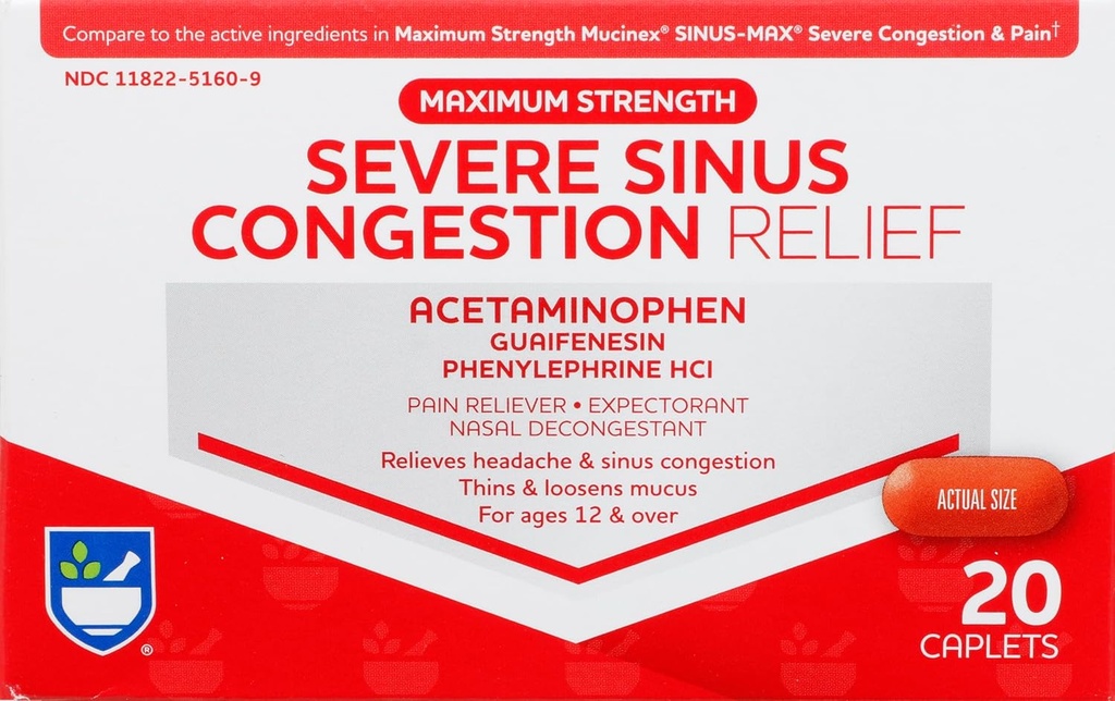 Rite Aid Raske siinus Meditsiin ja nina dekongestant, maksimaalne tugevus - 20 kapslit | Sinus Relief | Valu leevendamine | Multisümptom Külm ja gripp Meditsiin | Raske külm ja sinus Meditsiin täiskasvanutele