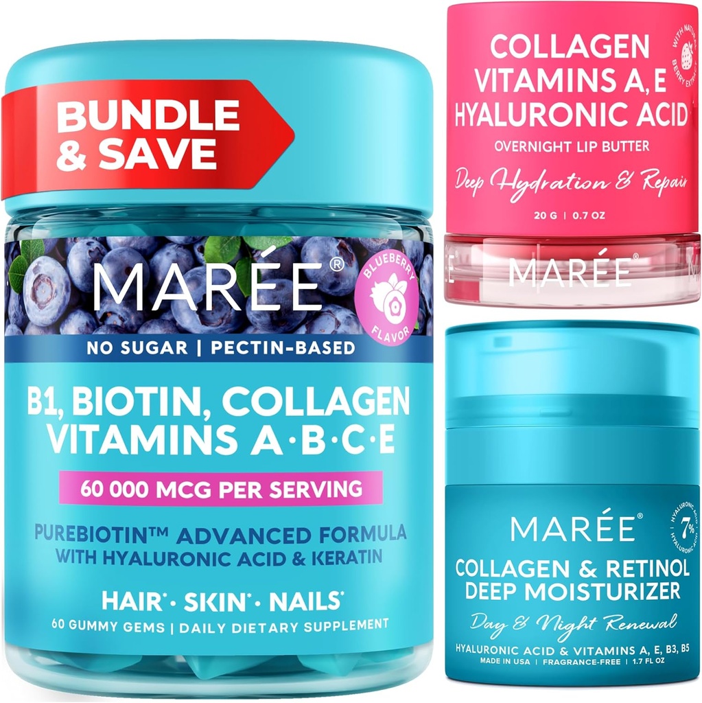 MAREE Bundle - Vitamiin B1 Tiamiinkummid, huulemask, näo niisutaja - A, E, D, C vitamiinid - kollageen ja hüaluroonhape, retinool - kompleks nahale, küüntele, juustele - mask kuivadele huultele - vananemisvastane kreem