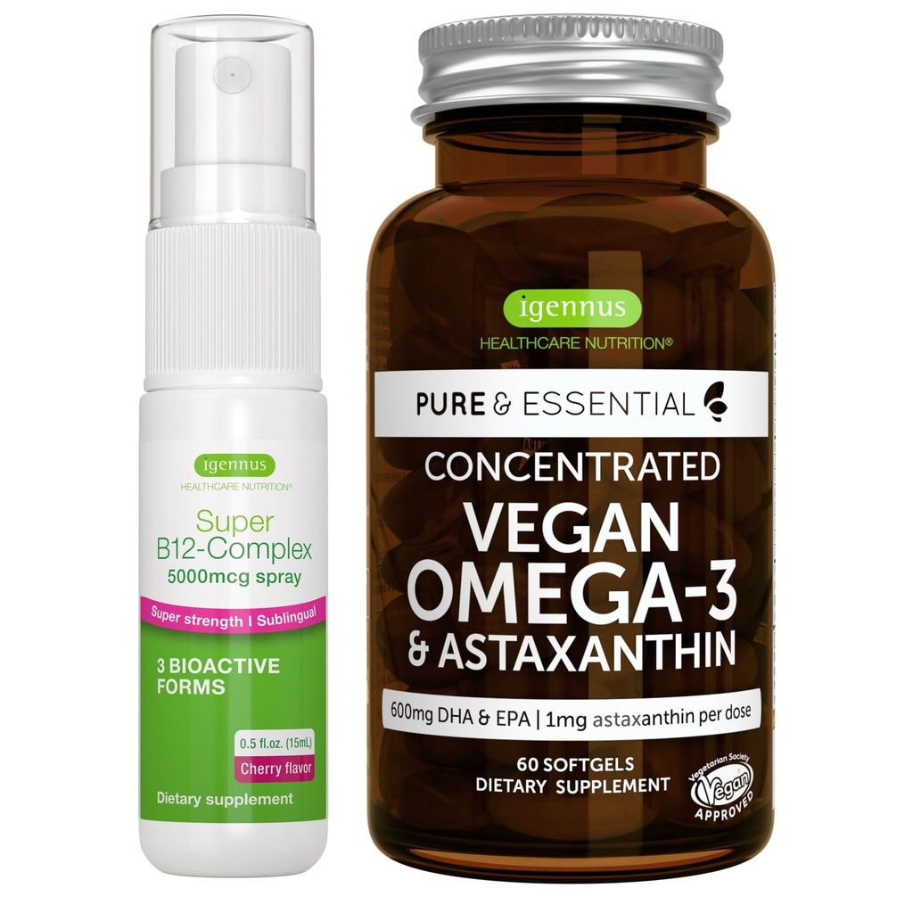 Vegan Omega-3 vetikaõli + Super B12-kompleks 5000mcg Vegan Bundle, kõrge kontsentratsiooniga DHA & EPA + kõrge tugevus B12 Kirsimaitseline sublingvaalne pihustus