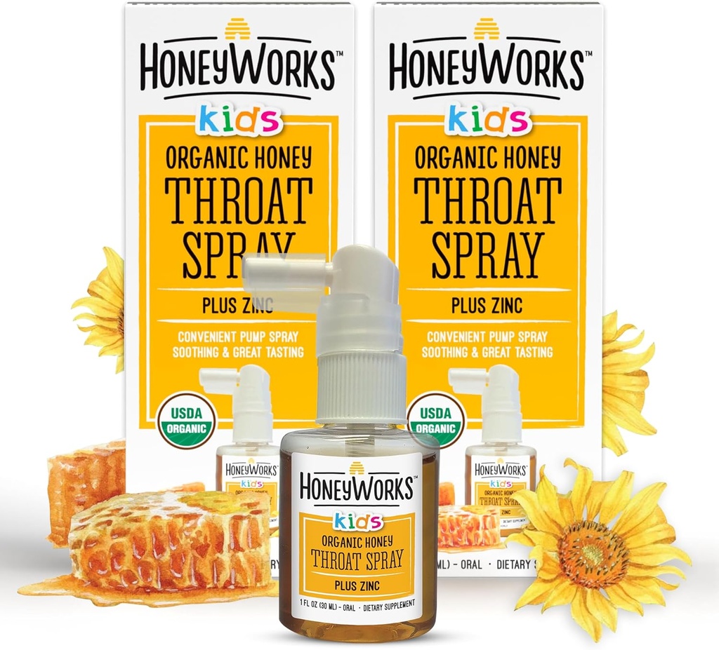 HoneyWorks Kids Throat Spray valuliku kurgu leevendamiseks, 1 Oz (pakk 2) rahustav mitte-GMO USDA orgaaniline tume mesi + tsink, kiire toimega leevendus, 12 kuud +