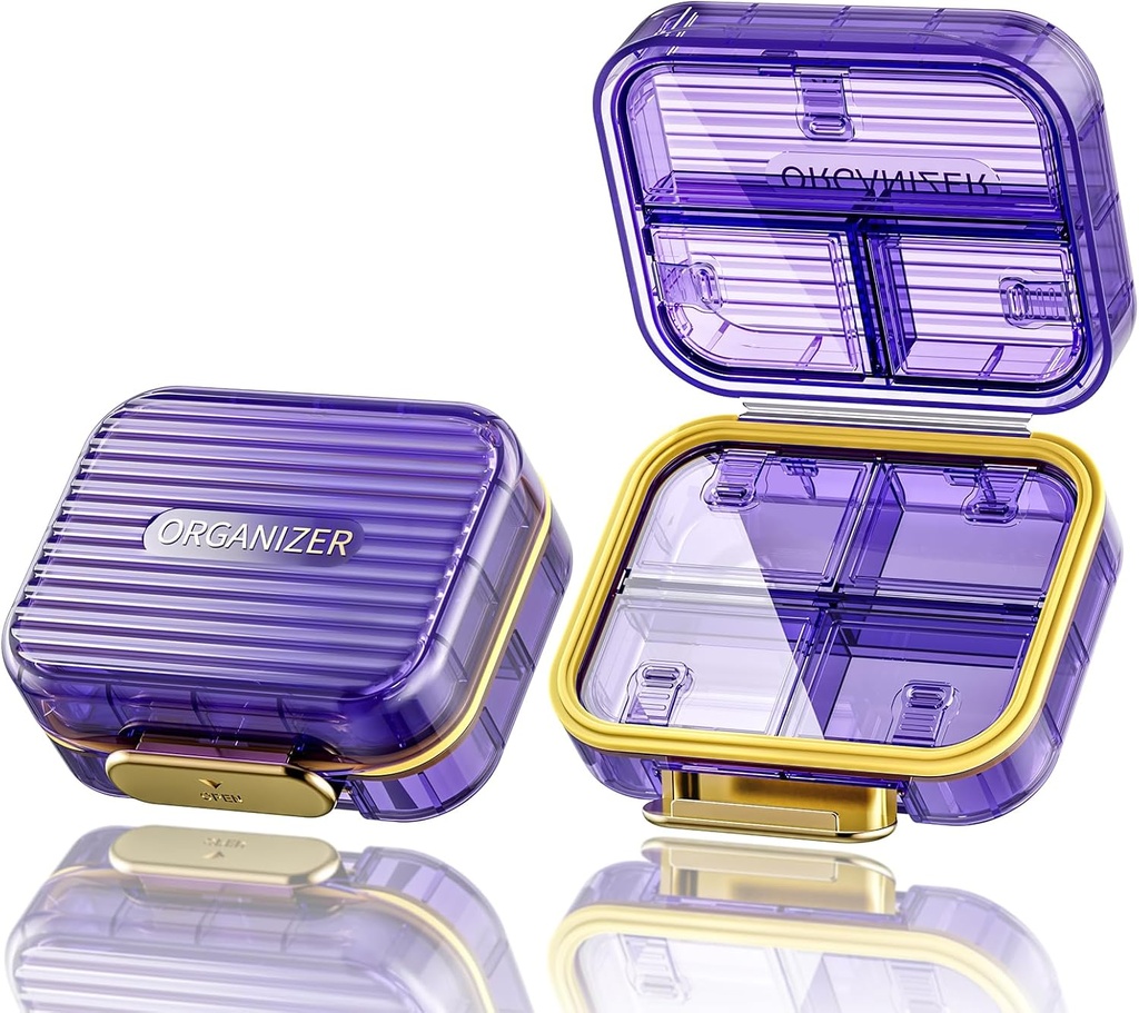 Acedada väike Pill Box, Travel Pill Korraldaja, Compact 7-Compartment Niiskuskindel Pill Case Purse, Chic Daily Pill konteineri, Portable Medicine & Vitamiinide Hoidja Fish Oil & Supplements, Purple