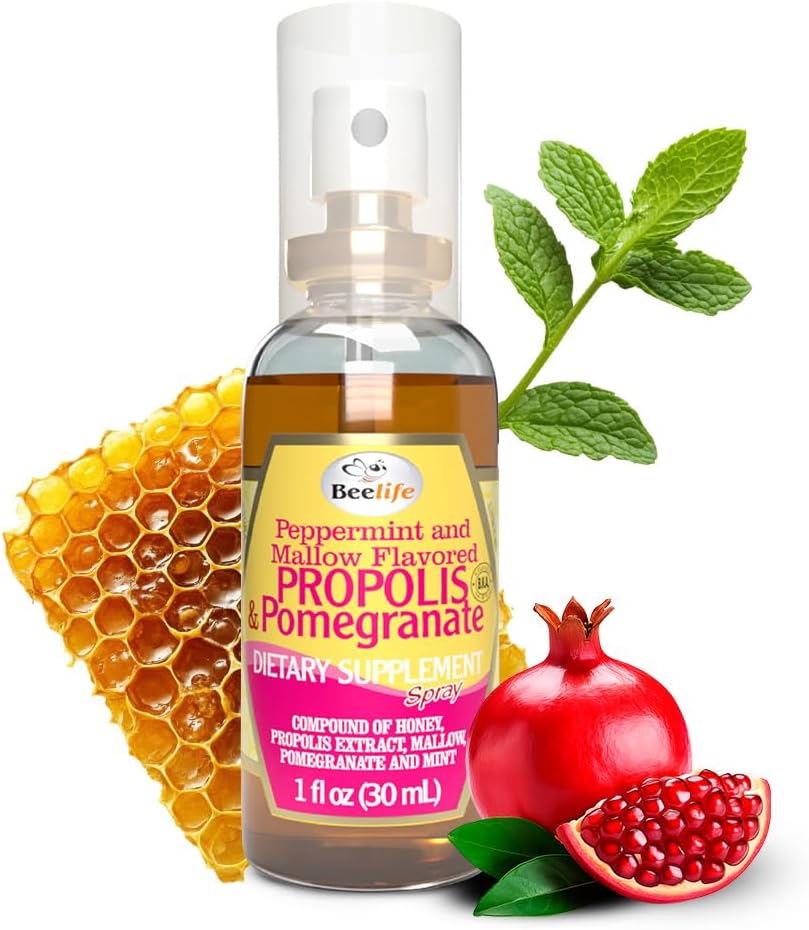 Beelife Propolis Throat Spray - rahustav mesi, münt ja granaatõuna - looduslik immuunsuse tugi ja valulik kurgu leevendamine - antioksüdandid, rikas Flavonoidid & Artepillin C, ilma suhkruta, gluteenivaba, 1-pakk, 30 ml