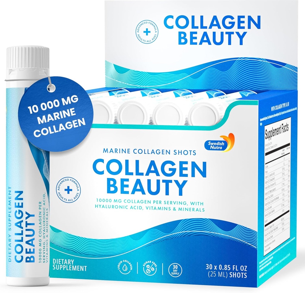 Rootsi pähklid - kollageeni ilu | 10 000 mg hüdrolüüsitud mere kollageeni vedel lisand - 30 x 25 ml päevased kaadrid | hüaluroonhape ja C-vitamiin, et toetada tervislikke juukseid, nahka, küüneid | suhkruvaba