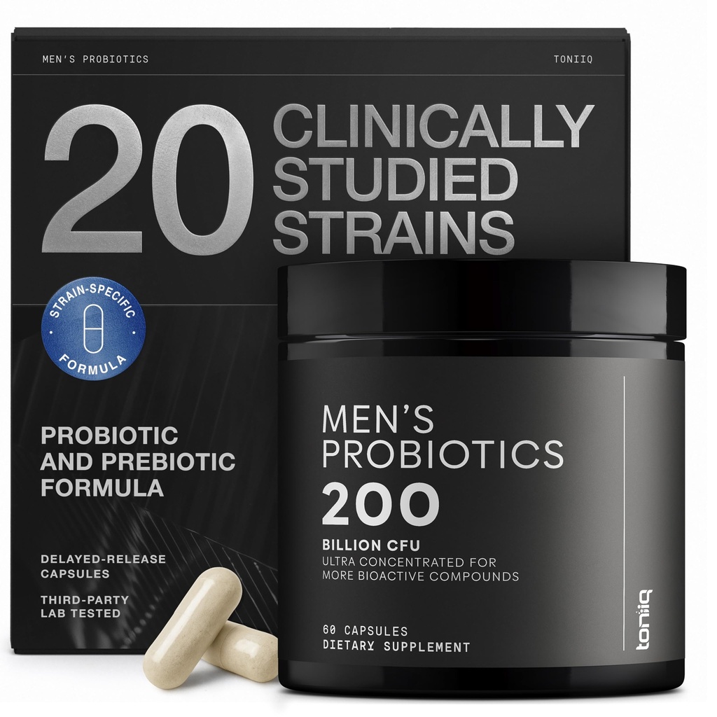 Toniiq Mens Probiootikum 20 kontrollitud tüvega – 200 Bilion CFU + 200mg FOS Prebiootikum – Mens Probiootikumid soolestiku tervisele - Külma ja hilinenud vabanemisega - Lab-testitud sünbiootiline valem