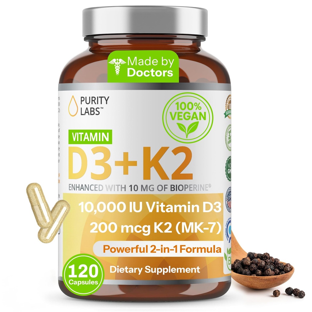 Puhtuslaborid Vitamiin D3 K2 10000 IU, (250mcg) D3 + 200mcg K2 MK7 - Bioperiiniga täiustatud immuunsuse tugilisa - igapäevase kaitse, luu, lihaste ja naha tervise täiendused - 120 kapslit