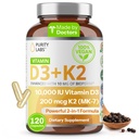 Puhtuslaborid Vitamiin D3 K2 10000 IU, (250mcg) D3 + 200mcg K2 MK7 - Bioperiiniga täiustatud immuunsuse tugilisa - igapäevase kaitse, luu, lihaste ja naha tervise täiendused - 120 kapslit