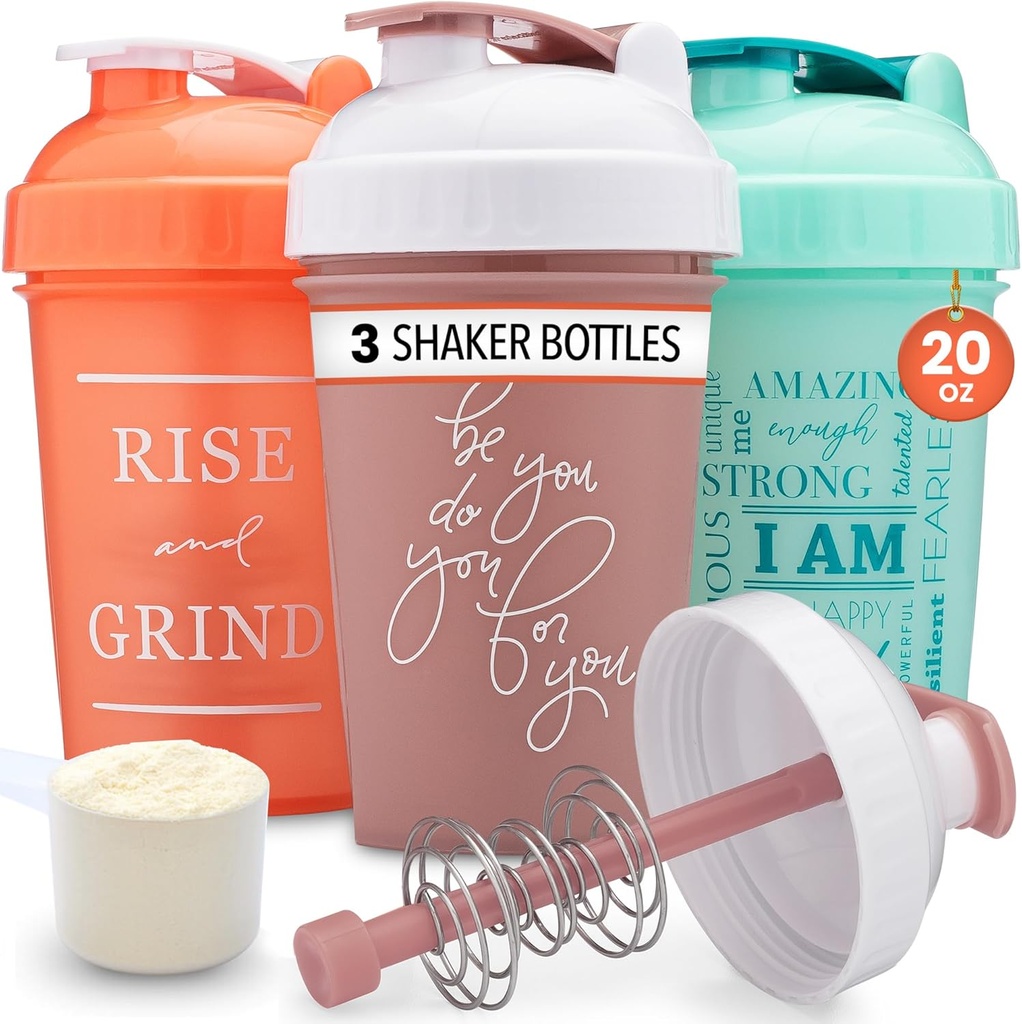 GOMOYO [3-Pack] 20-Ounce Shaker Bottle with Action-Rod Mixer | Motiveerivate tsitaatidega Protein Shaker Pudel | Valgukoksude Shakers on BPA vaba ja nõudepesumasin ohutu | Coral, Mint & Rose
