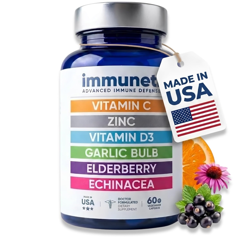 Immuneti - täiustatud immuunkaitse, 6-in-1 võimas C-vitamiini segu, D3-vitamiin, tsink, leedrimarjad, küüslaugusibula, Echinacea - toetab üldist tervist, annab elutähtsaid toitaineid ja antioksüdante