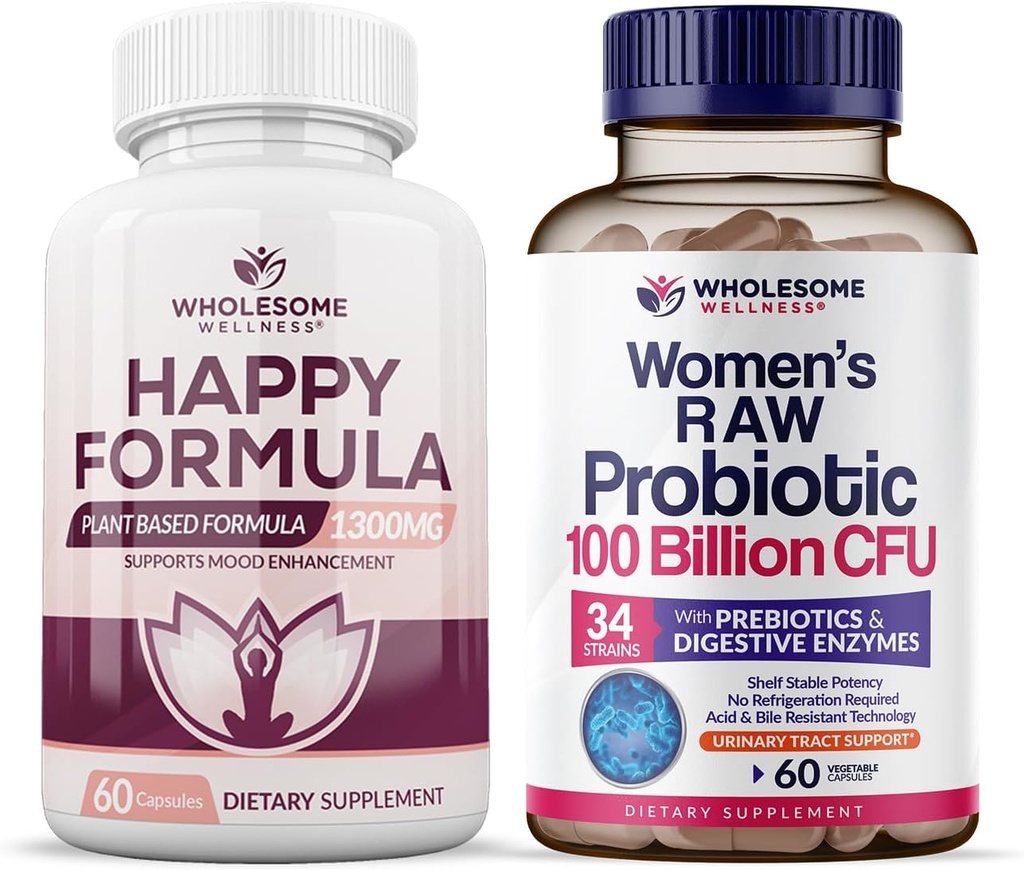 Wholesome Wellness Happy Formula Natural Formula Relief Supplement + Dr. Formulated Raw Probiotics for Women 100 Billion CFUs Bundle