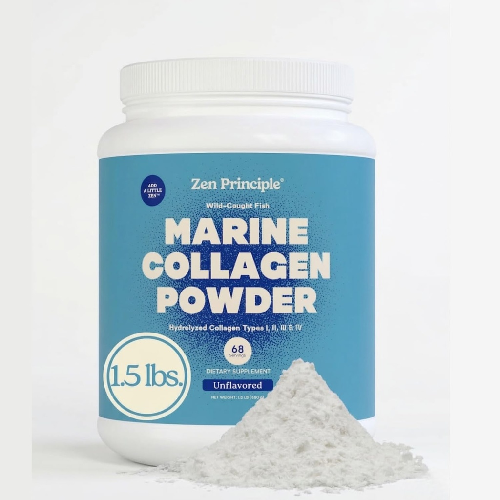 Zen printsiip Mere kollageenpeptiidid Pulber 1,5 lb. Looduslikult püütud kala, mitte-GMO. Toetab tervislikku nahka, juukseid, liigeseid ja luid. Hüdrolüüsitud I, II, III ja IV tüüpi valk. Aminohapped. Lihtne segada.