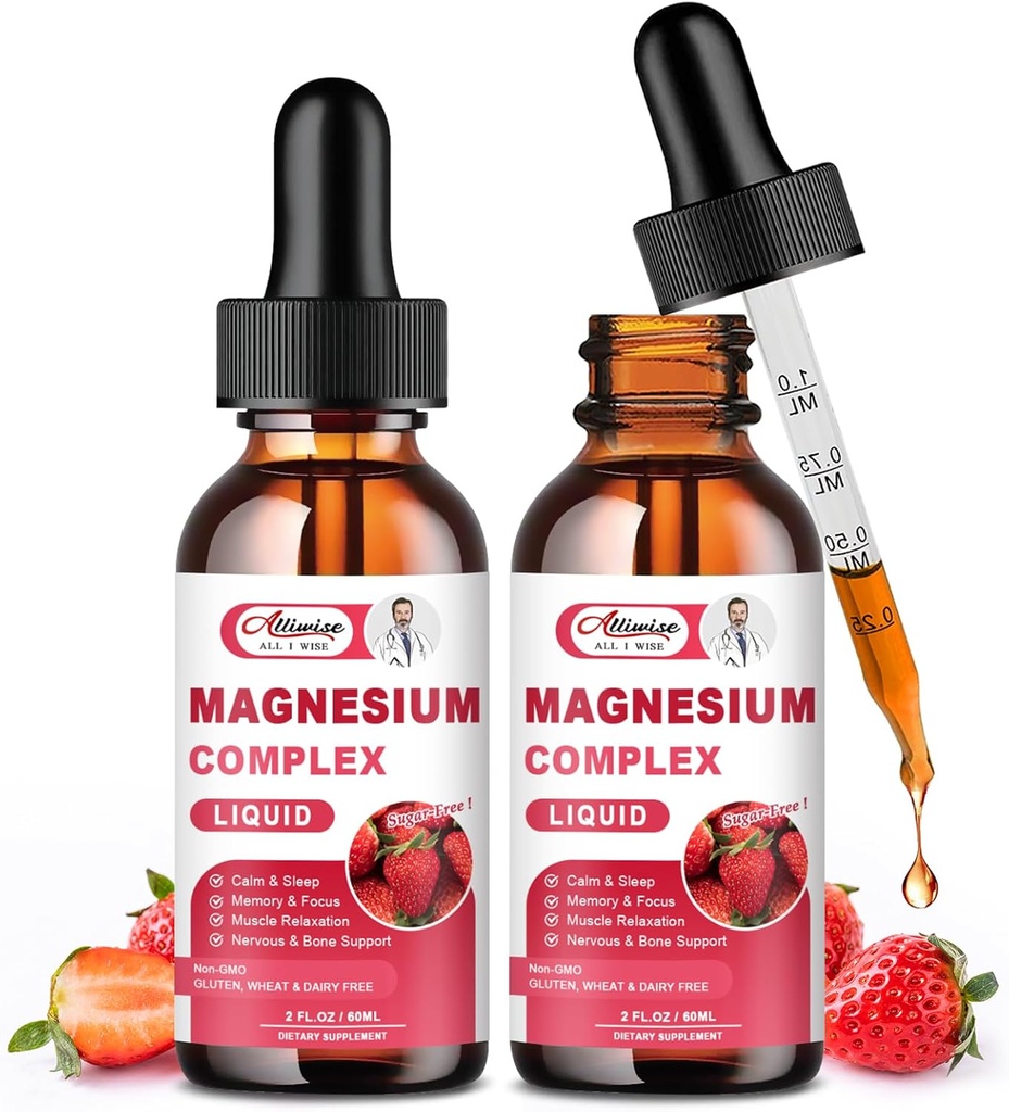2 Pakend kolmekordne magneesiumkompleks Vedelik tilgad Segu magneesiumglütsinaadiga 500mg, malaadi ja tauraadiga Max Bio-Availability | Suur imendumine | Vegan, mitte-GMO | Närv, Lõõgastumine, Lihased ja uni