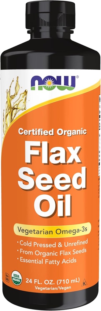 NOW Foods Supplements, Certified Organic Flax Seed Oil Liquid, Cold-Pressed and Unrefined, 24-Ounce