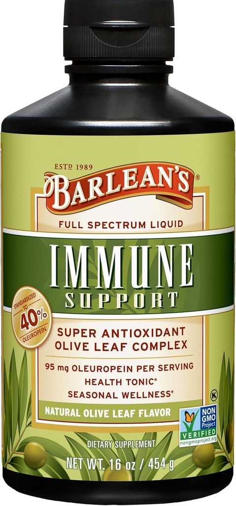 Barlean's Olive Leaf Complex Vedel immuunsüsteemi tugisammas 95mg Oleuropein Antioksüdandid hooajalise heaolu, südame tervise ja immuunsüsteemi tugevdaja, 16 Ounce