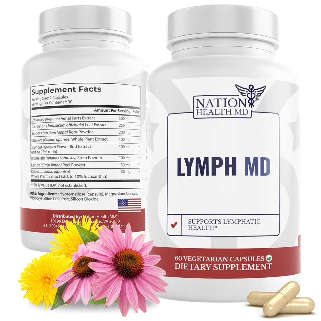Lymph MD - Lymphatic Drainage Supplement - Bromelain, Echinacea, Burdock Root, Dandelion, Rutin, Kelp & More - Lümfisüsteemi tugi naistele ja meestele - 60 kapslit