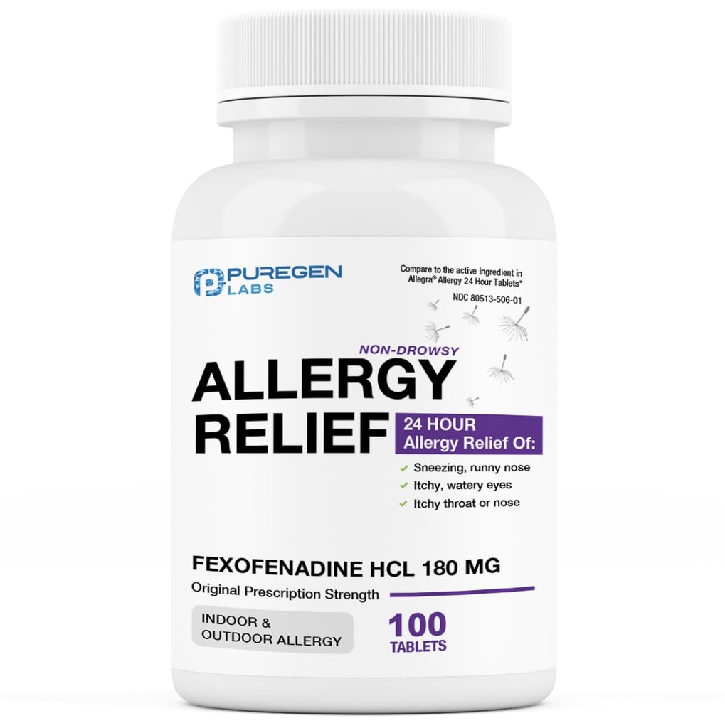 Puregen Labs Allergia Relief, Fexofenadine 180mg, 100 tabletti - 24 tundi mitte-uimastav antihistamiiniallergia Meditsiin runny nina, aevastamine, sügelemine, vesised silmad - valmistatud USAs