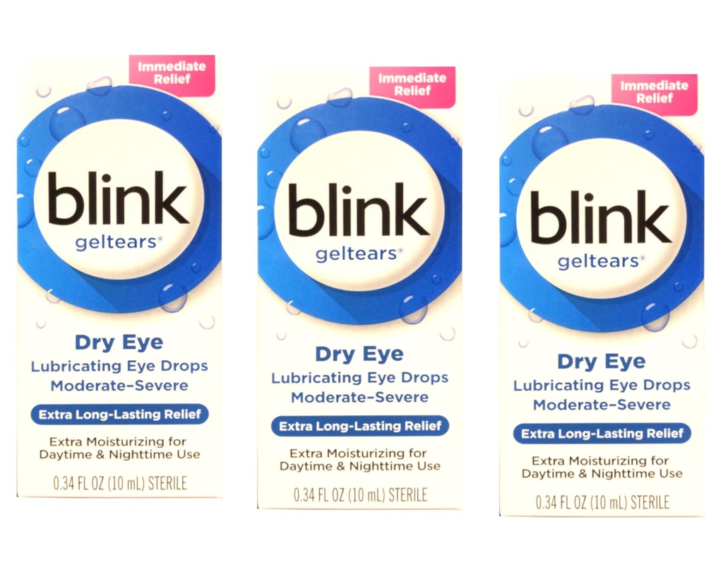 Blink GelTears määrduvad silmatilgad kuivale silmale, ekstra pikaajaline leevendus, niisutav valem, mõõdukas kuni raske kuivus, 0,34 fl oz (pakk 3)