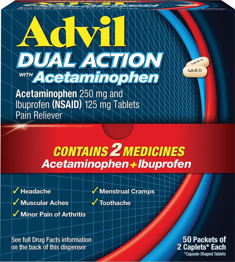 Advil Dual Action kaetud kapslid atsetaminofeeniga, 250 mg ibuprofeeniga ja 500 mg atsetaminofeeniga annuse kohta (2 annuse ekvivalent) 8 tunni valu leevendamiseks - 2 loend x 50
