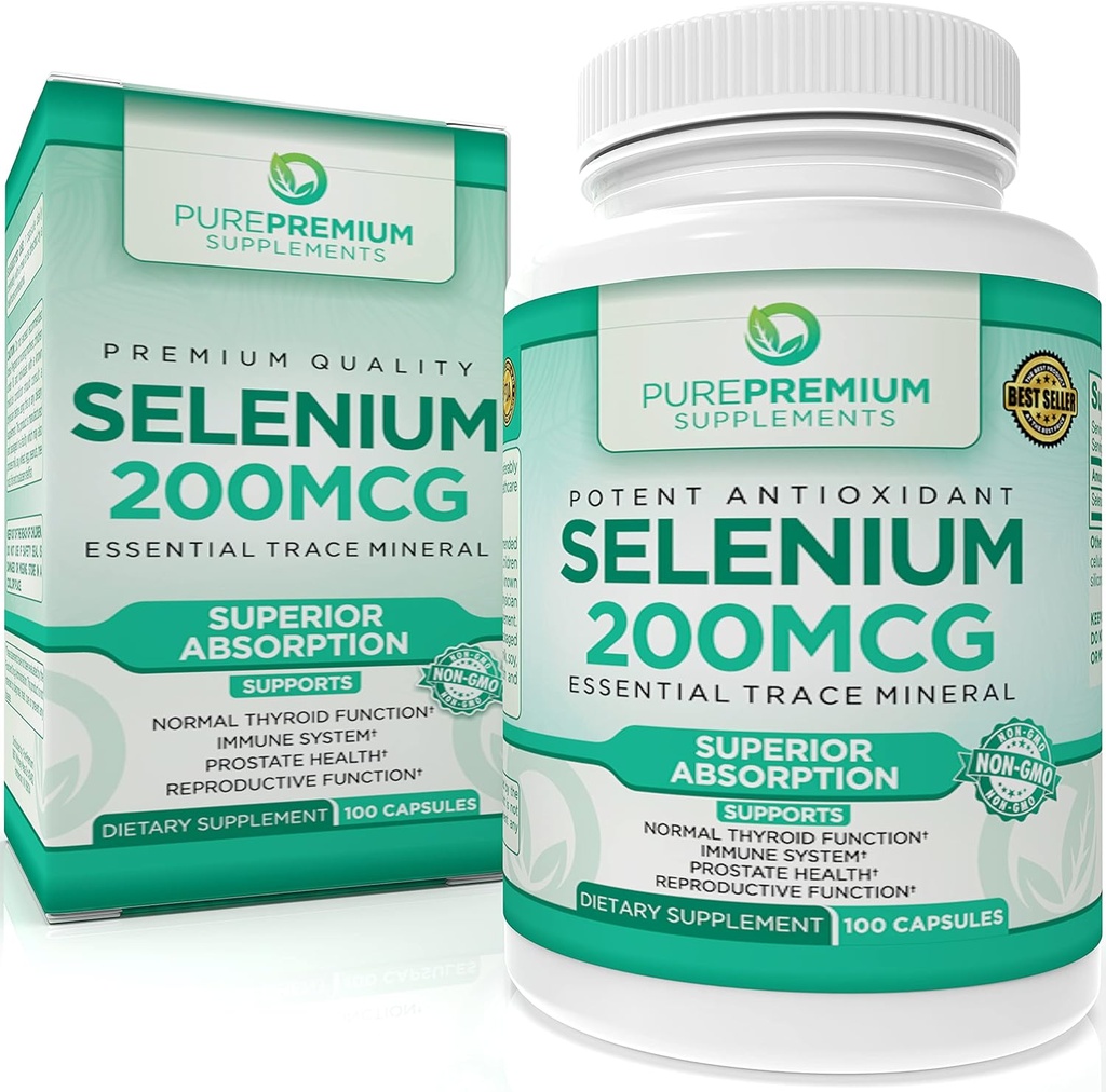 PurePremium Selenium 200mcg täiendus - L Selenometioniin Essentsiaalne mineraal - Tavaline kilpnäärme, immuunsüsteemi igapäevane toetamine | Normaalne eesnäärme funktsioon - 3 kuud pakkumine - 100 kapslit