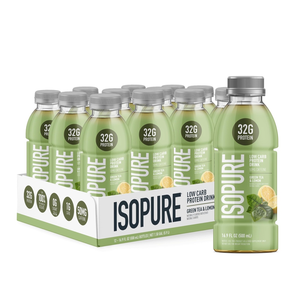 Isopure Zero Carb 32g Läbipaistev valk valmis joomiseks, vadakuvalgu isolaat, roheline tee, 12 pakendit (pakendamine võib varieeruda)