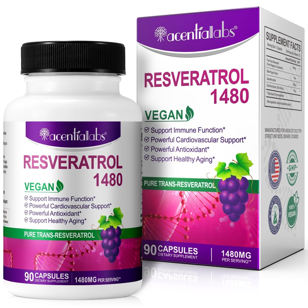 100% looduslik resveratrool - 1480 mg ühe portsjoni kohta, 90 köögiviljakapslit, 99% puhas trans-resveratrool, tervisliku vananemise antioksüdant, aju ja südame tugi