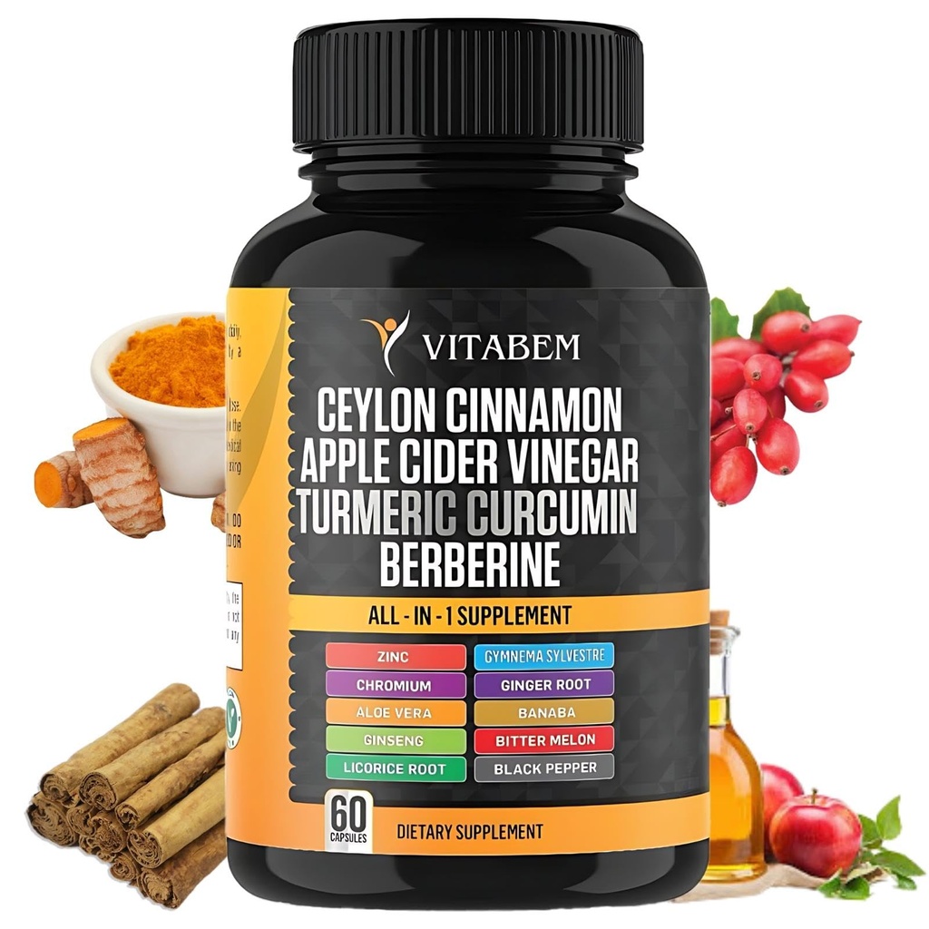 Ceylon Cinnamon Capsules 3000mg Turmeric 3000mg Apple Siider Vinegar 3000 mg Ginseng 2000mg Aloe Vera 2000mg Berberine Supplement 1200mg + Banaba | Bitter Melon | Gymnema | Ginger Juur - 60 Count