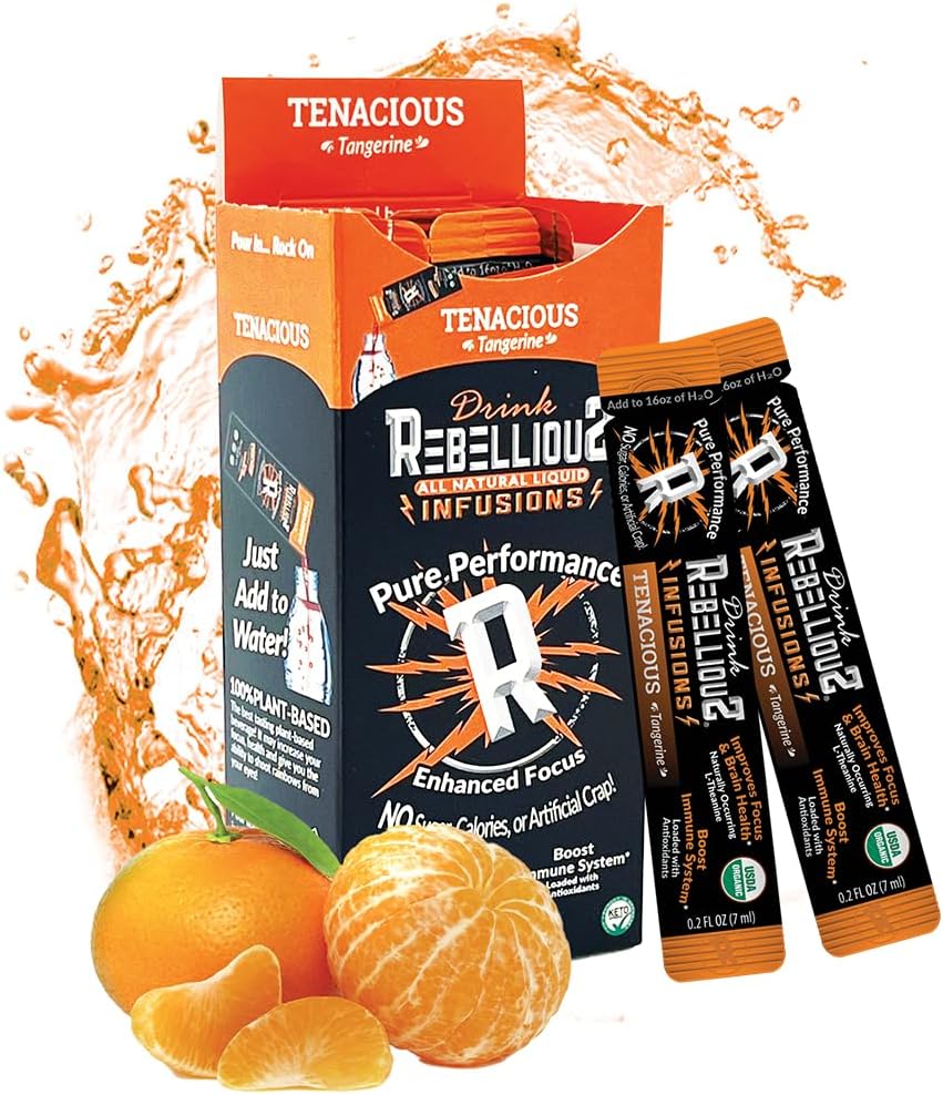Rebellious Tenacious Tangerine Organic Drink Mix – Zero Calorie Energy Drink Mix | Monk Fruit & Green Tea Extract | L-Theanine + Natural Caffeine | 100% taimepõhine | Pakend 10 | Keto, gluteenivaba