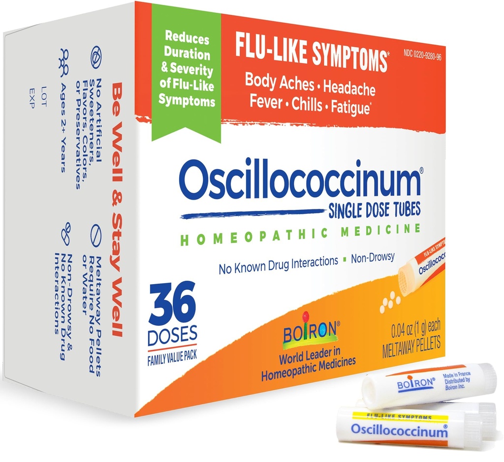 Boiron Oscillococcinum Homöopaatiline ravim gripilaadsete sümptomite jaoks, valge, 36 krahv