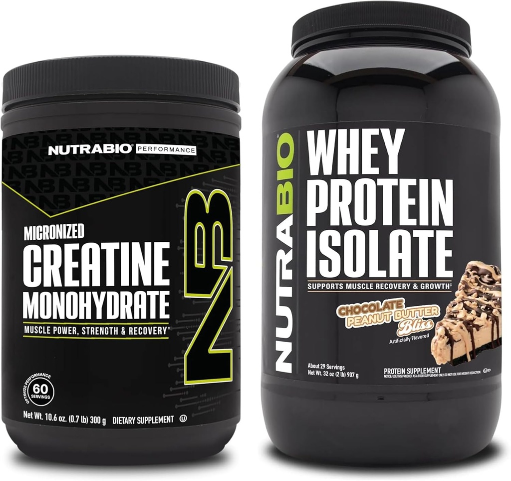 NutraBio kreatiini monohüdraat, maitsestamata, 300g ja vadakuvalgu isolaat, šokolaad maapähklivõi, toidulisandikomplekt - lihasenergia, lahjade lihaste kasv, taastumine ja tugevus
