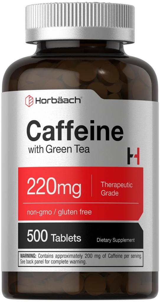 Horbäach kofeiini pillid 220mg rohelise tee | 500 tabletti | Taimetoitlane, mitte-GMO ja gluteenivaba